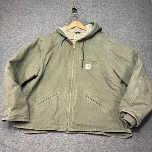 Carhartt Jacket Women XXL Olive Canvas Sherpa Hooded Detroit J141Distressed